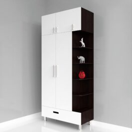 Double Door Wardrobe with Open Self White and Brown Gloss Finish